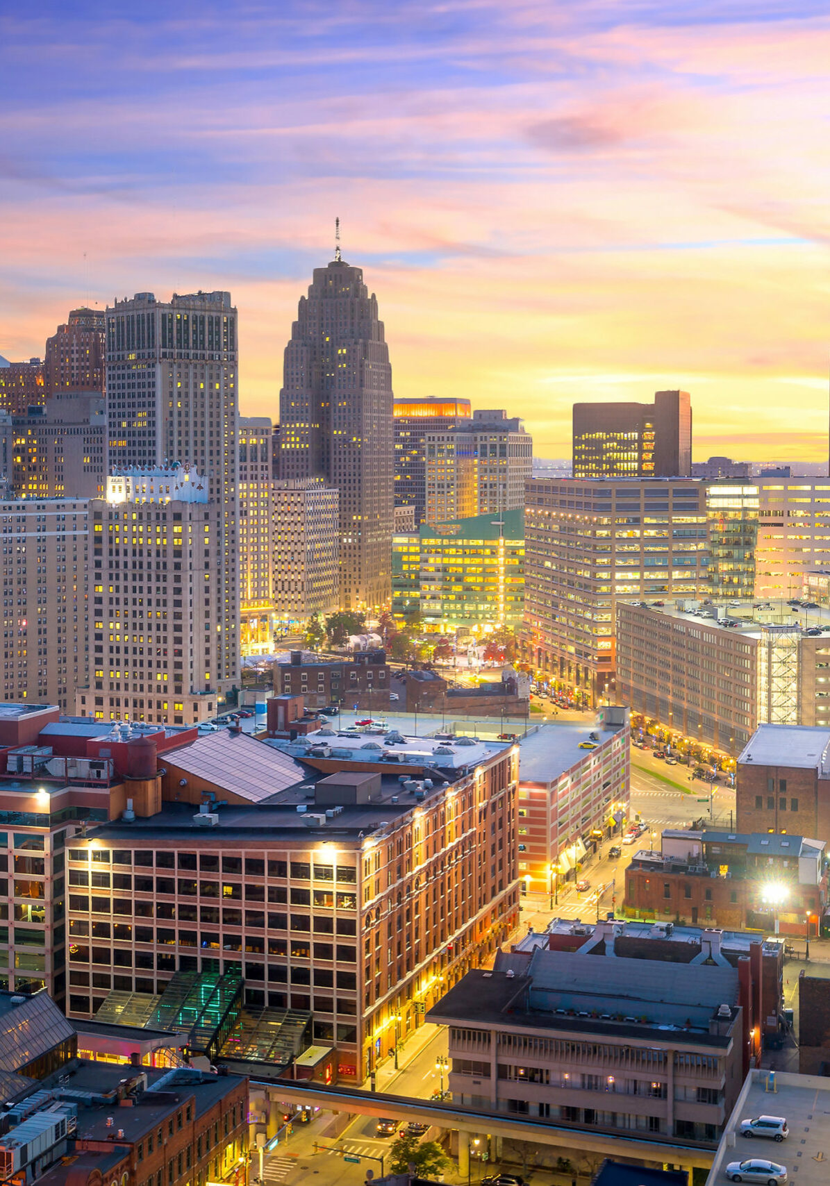 Aerial view of downtown Detroit at twilight in Michigan USA